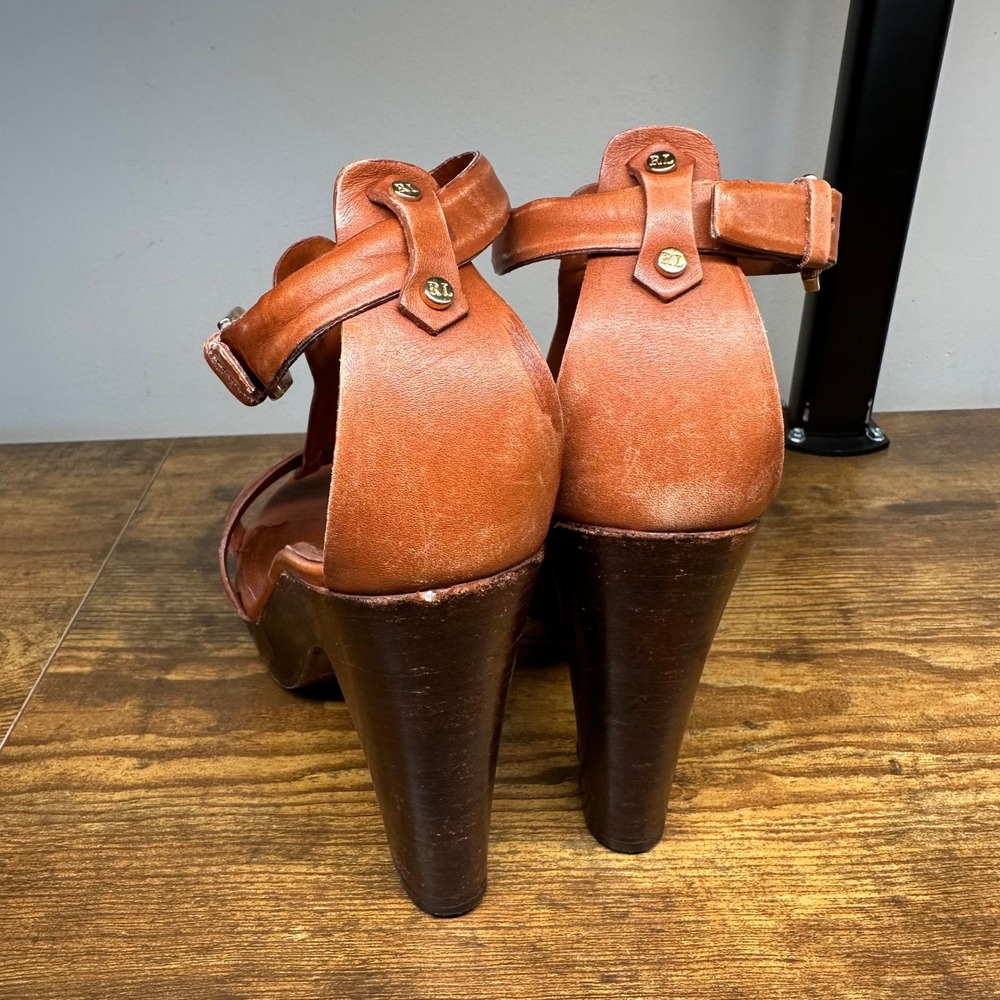 Ralph Lauren Purple Label Collection Leather T-Strap Platform Sandals Wooden 8.5 - Picture 7 of 12